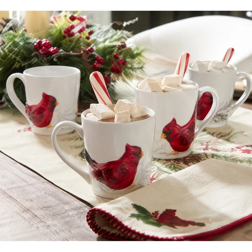 Pottery Barn Cardinal Embossed Stoneware 4 Mug Set Circa 2017/2019 Discontinued